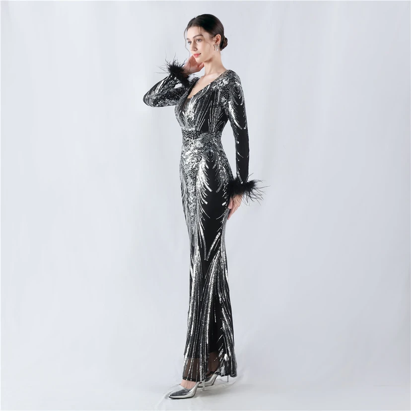 Robe de soirée haut de gamme ornée de perles florales fixes et de poils d'autruche, hôte de la réunion annuelle d'hiver view 21
