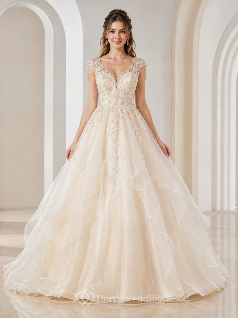 Elegante vestido de novia de tul con escote corazón y encaje, estilo princesa.