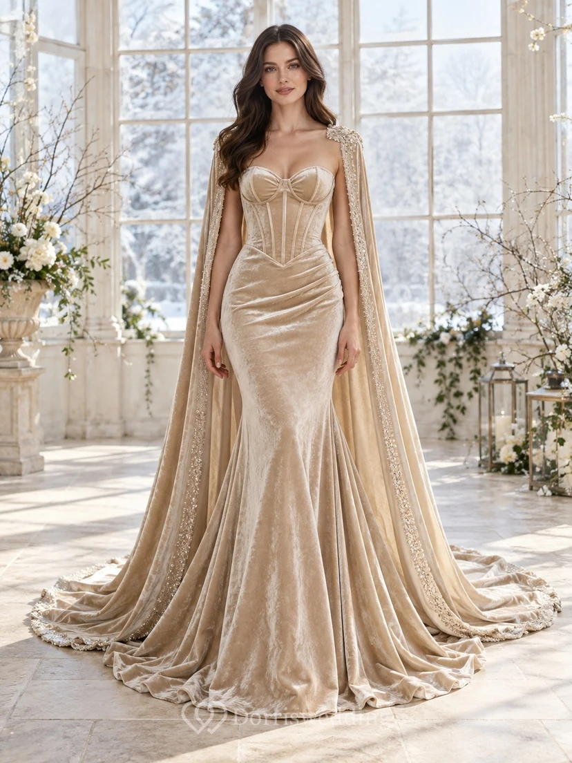Vestido de novia de invierno estilo sirena color champán con escote corazón, corpiño de terciopelo con paneles y capa con cuentas.