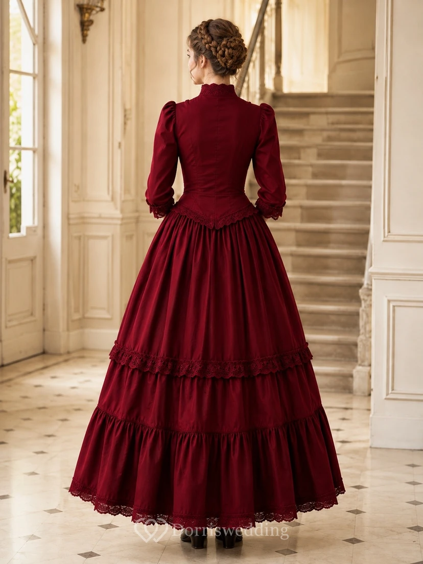 Vestido de noche largo hasta el suelo, de corte A, con cuello alto y mangas largas, de terciopelo burdeos y encaje fino view 2