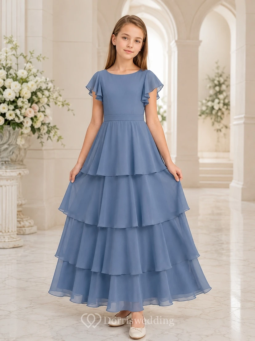Stahlblaues Brautjungfernkleid für junge Damen, A-Linie, Rundhalsausschnitt, kurze Ärmel, Stufenrock