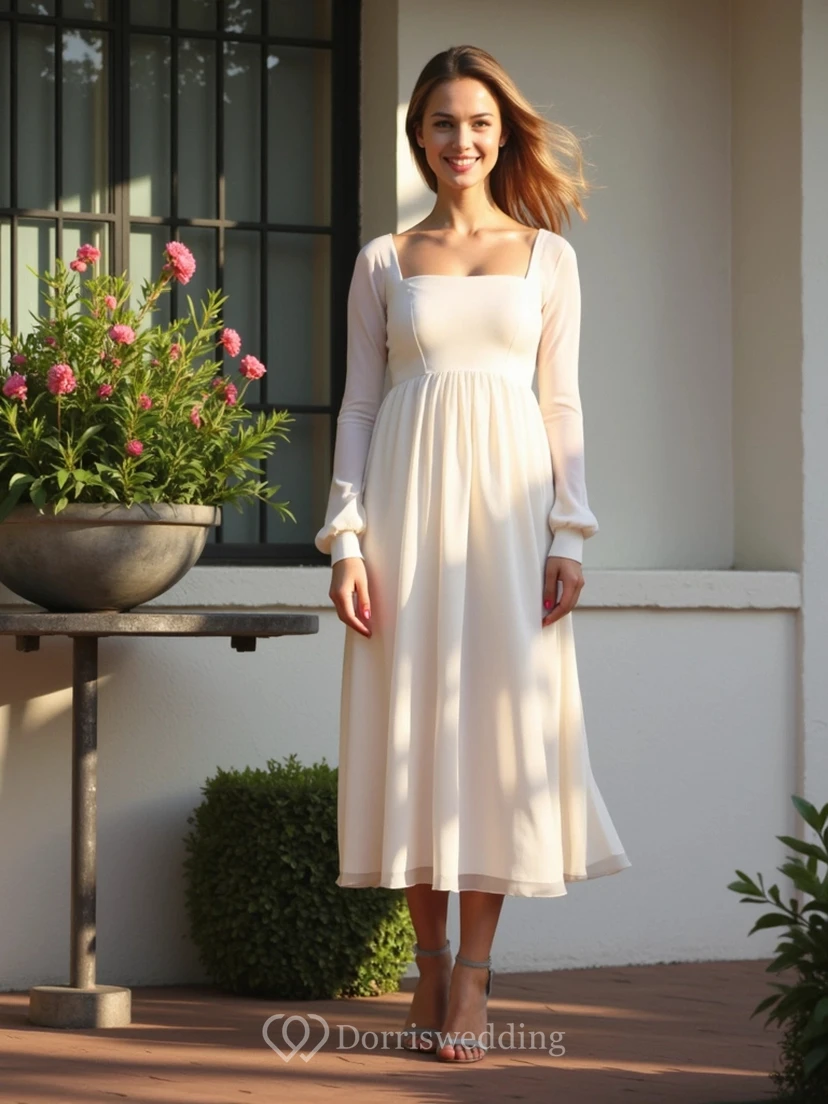 Vestido informal de manga larga con cuello cuadrado y largo hasta la rodilla