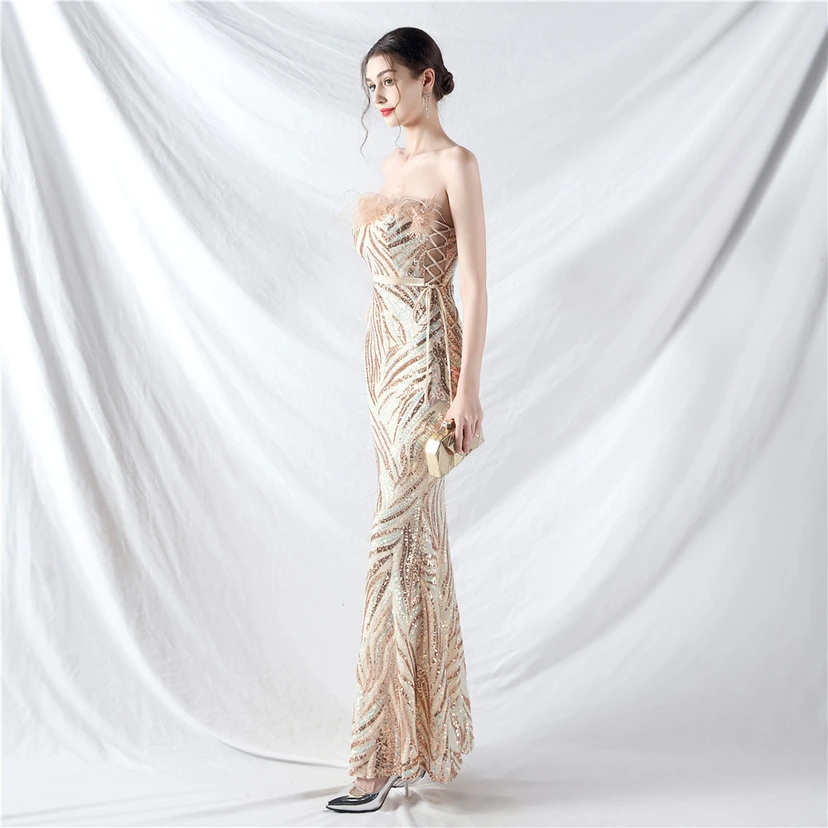 Double-Binding Rope-Binding Craft-Made Ostrich Feather Encrypted Laminated Beads High-End Evening Dress view 55