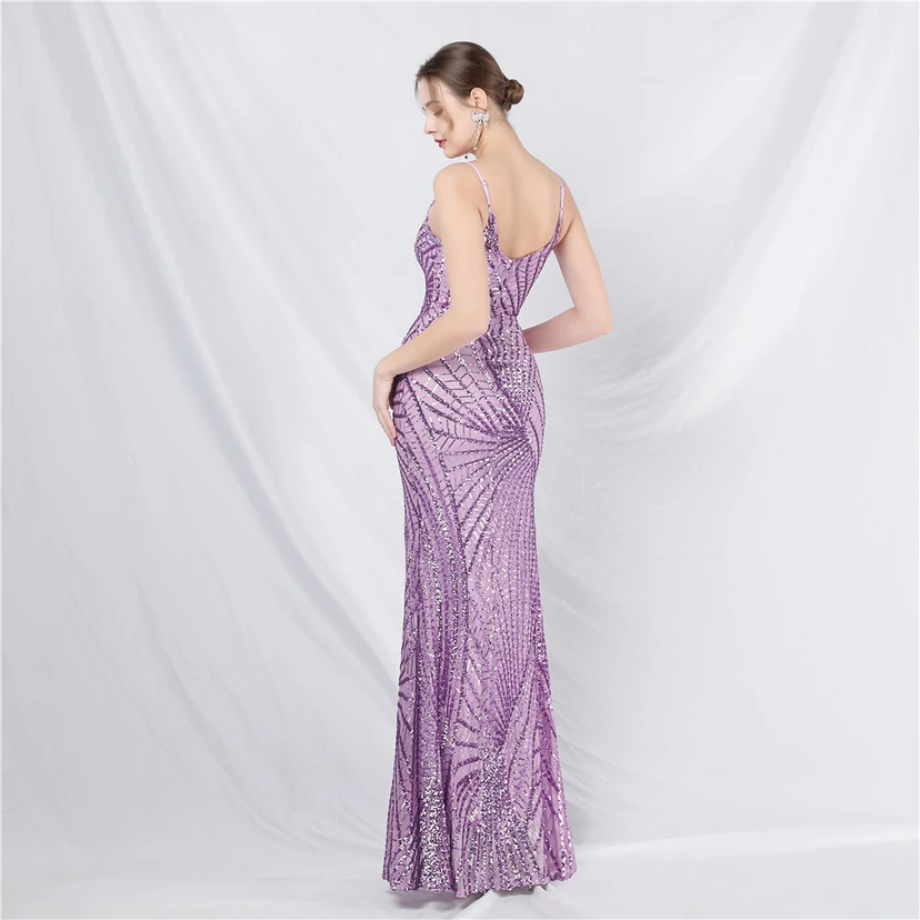 Robe de soirée longue à bretelles en maille transparente ornée de perles et de sequins view 51