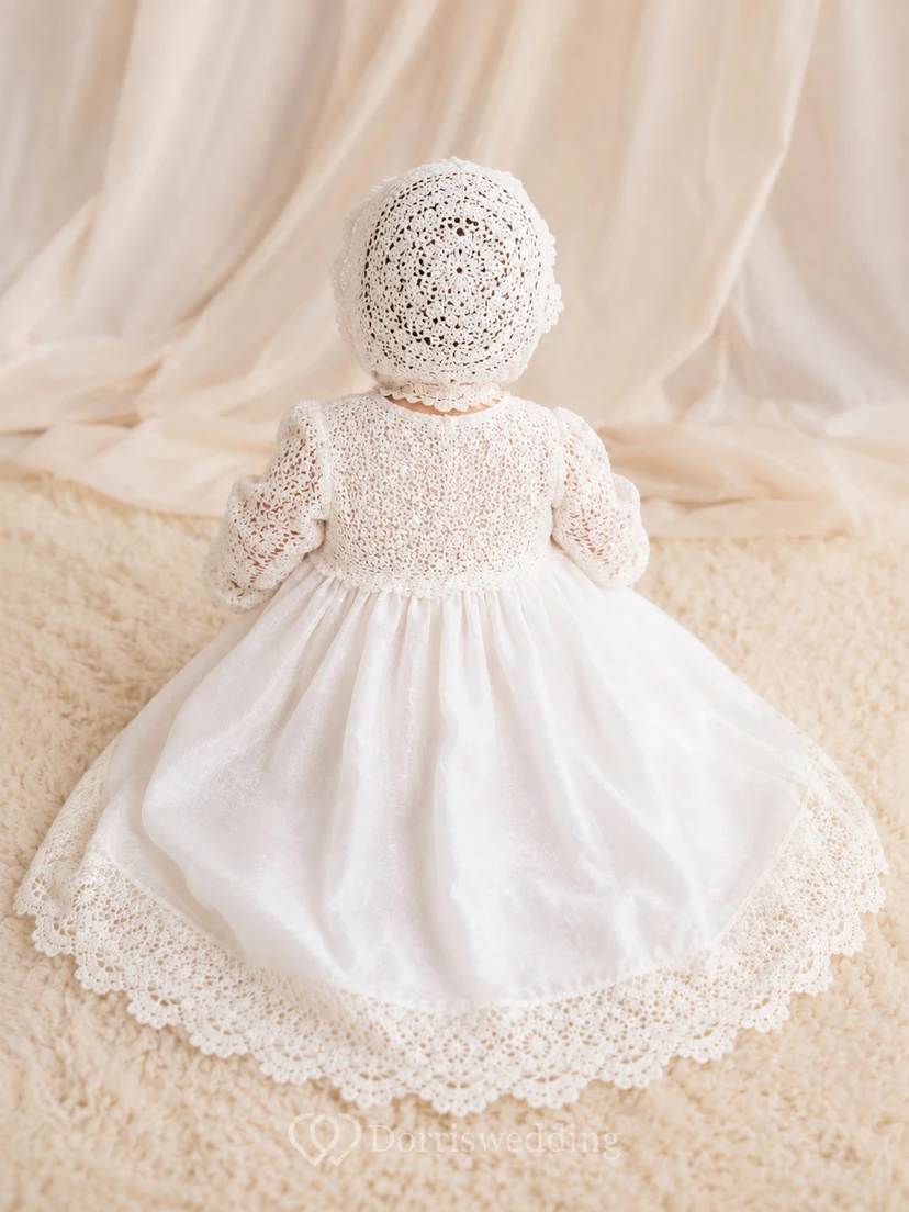 Crochet Lace Baby Baptism A-Line Long Sleeve Scalloped Hem Dress Vintage Romantic Adorable Satin view 2