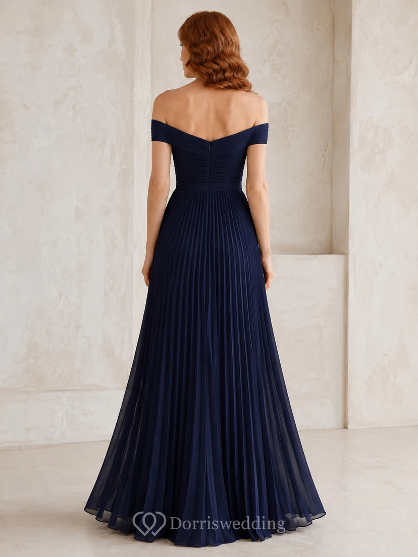 Dark Navy Off Shoulder Pleated Chiffon Formal Dress view 2