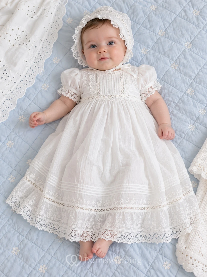 White Puff Sleeve Pintucked Lace Panel Long Baby Baptism Dress