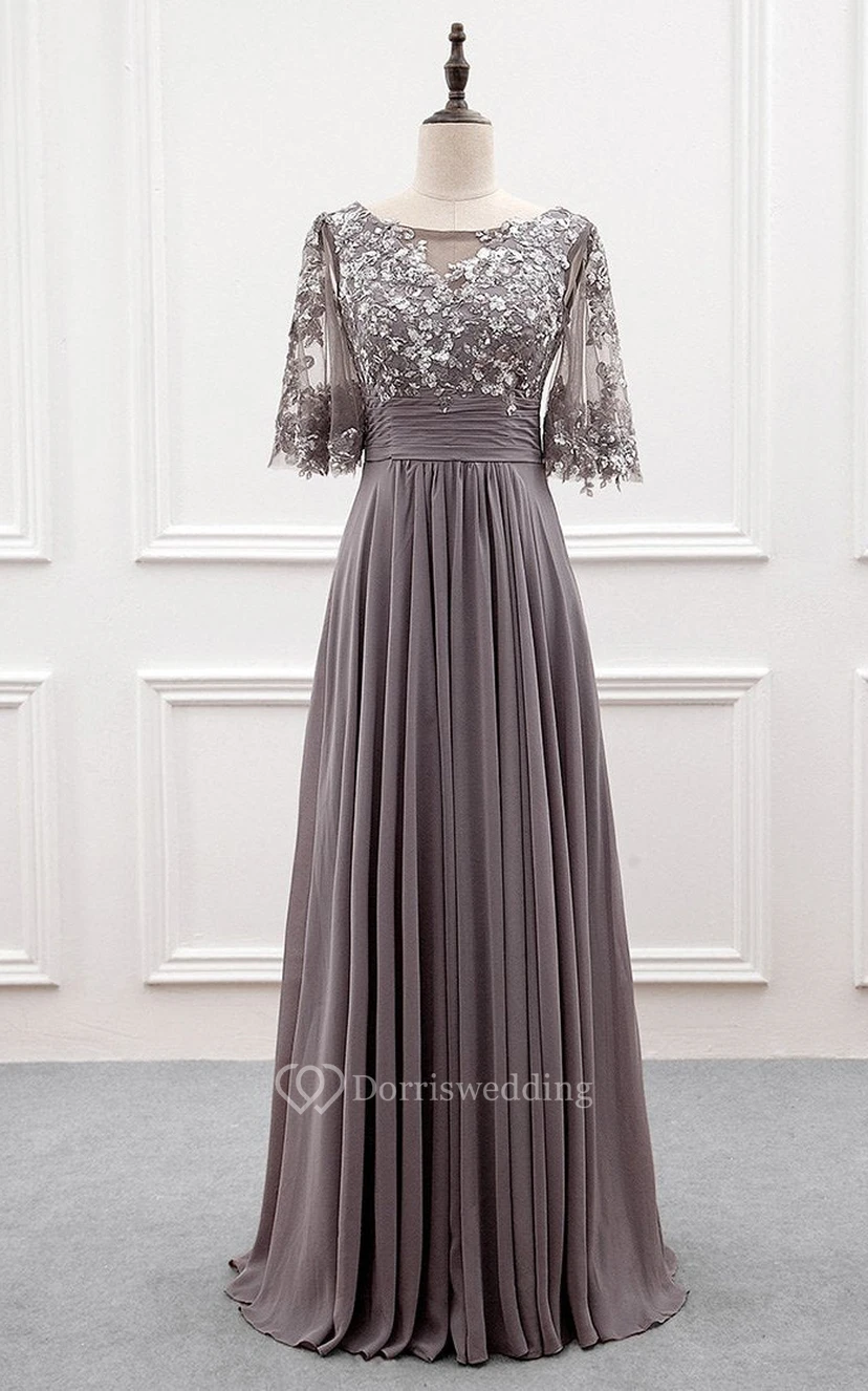 Robe de bal vaporeuse en mousseline de soie, longue jusqu'au sol, manches mi-longues, coupe trapèze, fermeture éclair et sequins view 3