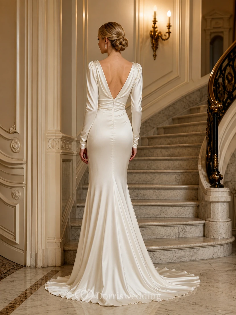Vintage-Brautkleid aus Satin, Etuikleid mit Wasserfallausschnitt, langen Ärmeln, Schleppe und tiefem V-Ausschnitt am Rücken view 2