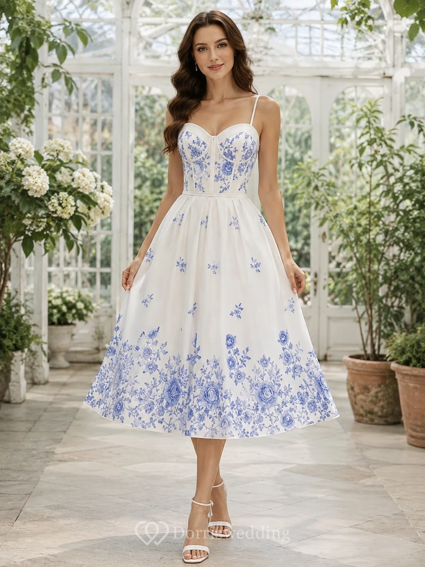 White Blue Floral Sweetheart Spaghetti Strap Chiffon Tea Length Dress