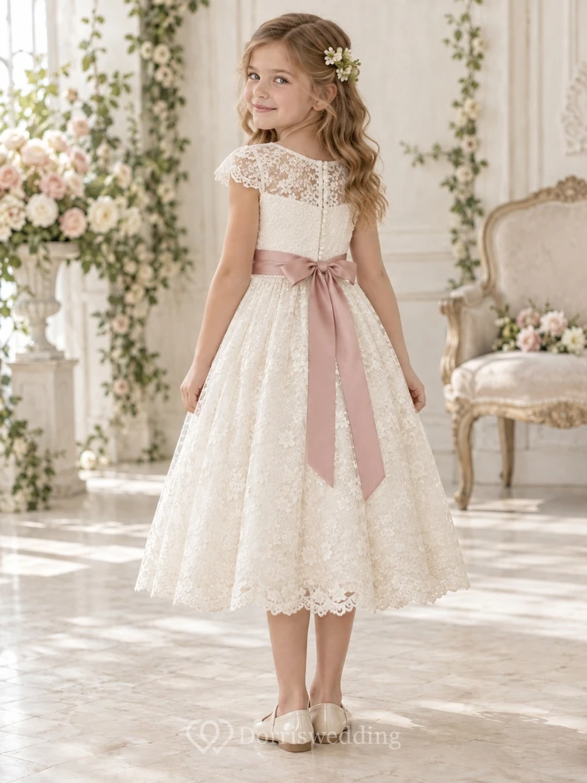 Vestido de niña de flores vintage de corte A, color marfil, con estampado floral, mangas cortas de encaje y fajín de rosas, largo hasta la rodilla. view 2