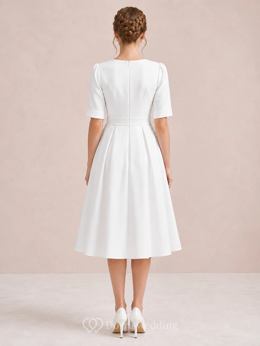 White V-Neck Short-Sleeve A-Line Tea-Length Modest Formal Dress view 2