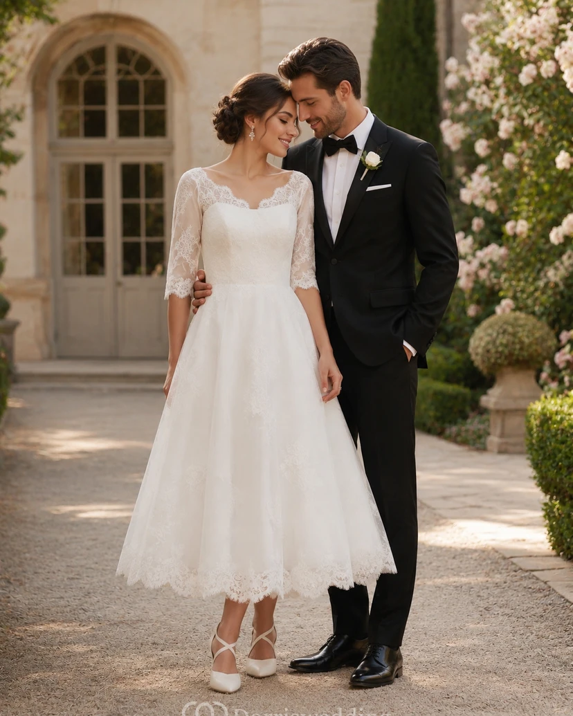 Vestido de novia de largo midi para novias mayores | Vestido de novia midi modesto de encaje vintage color marfil en tallas grandes con mangas view 6