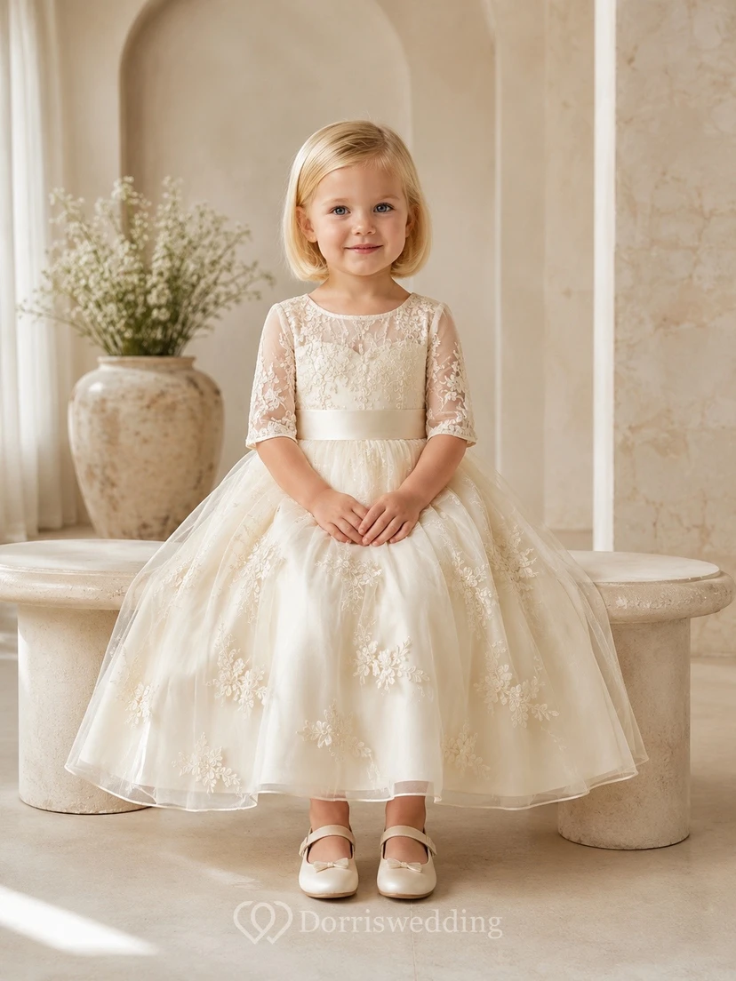 Elegant Jewel Neck Short Sleeve Lace A-Line Bow Flowergirl Midi Dress