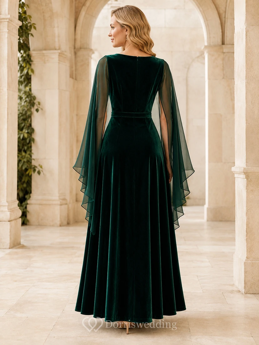 Dark Green High Neck Velvet Cape Formal Guest Dress view 2