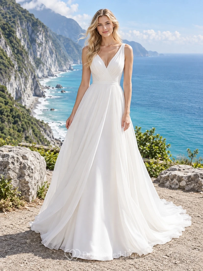Schlichtes, ärmelloses Chiffon-Brautkleid in A-Linie mit V-Ausschnitt und Schleppe