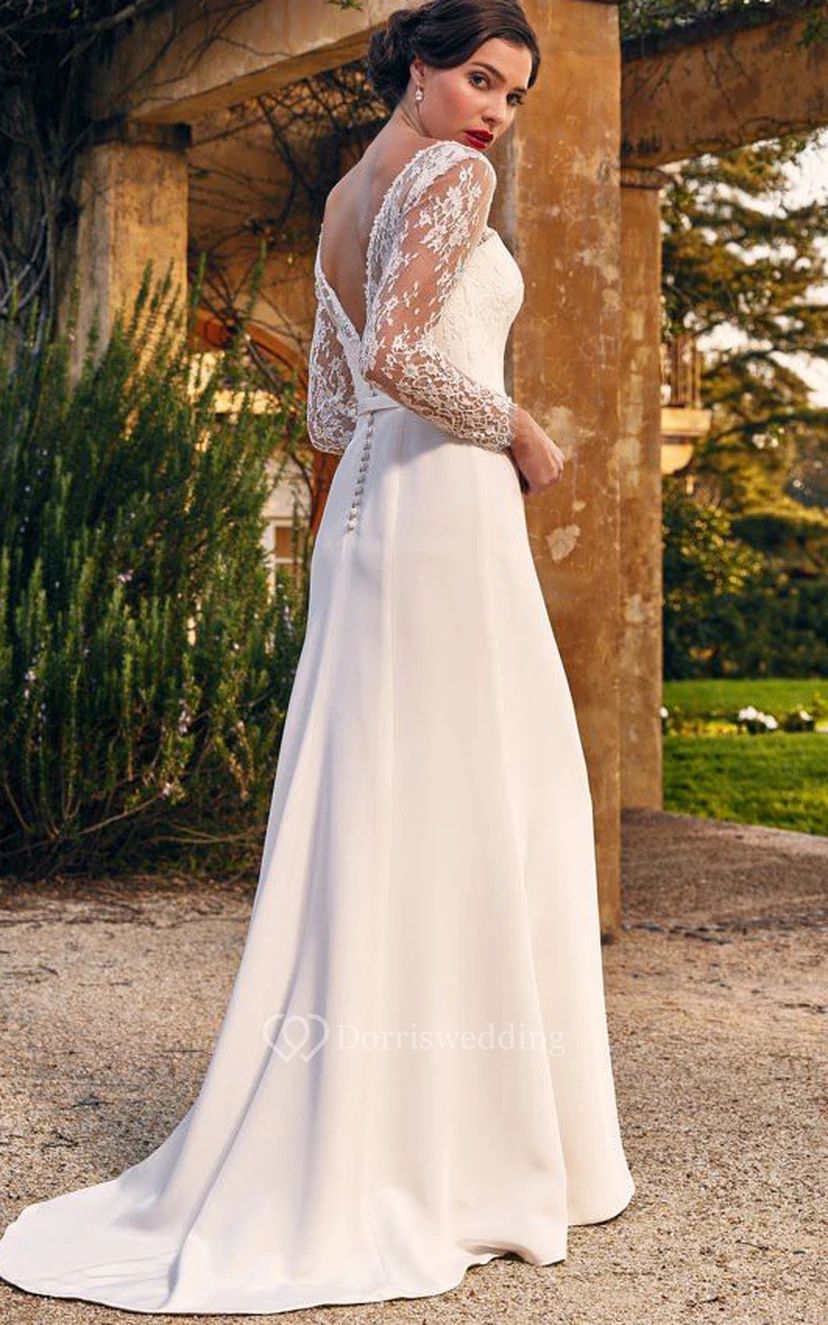 Schlichtes, elegantes Brautkleid mit V-Ausschnitt, Spitze, Satinschleppe, langen Ärmeln und tiefem V-Ausschnitt am Rücken view 3