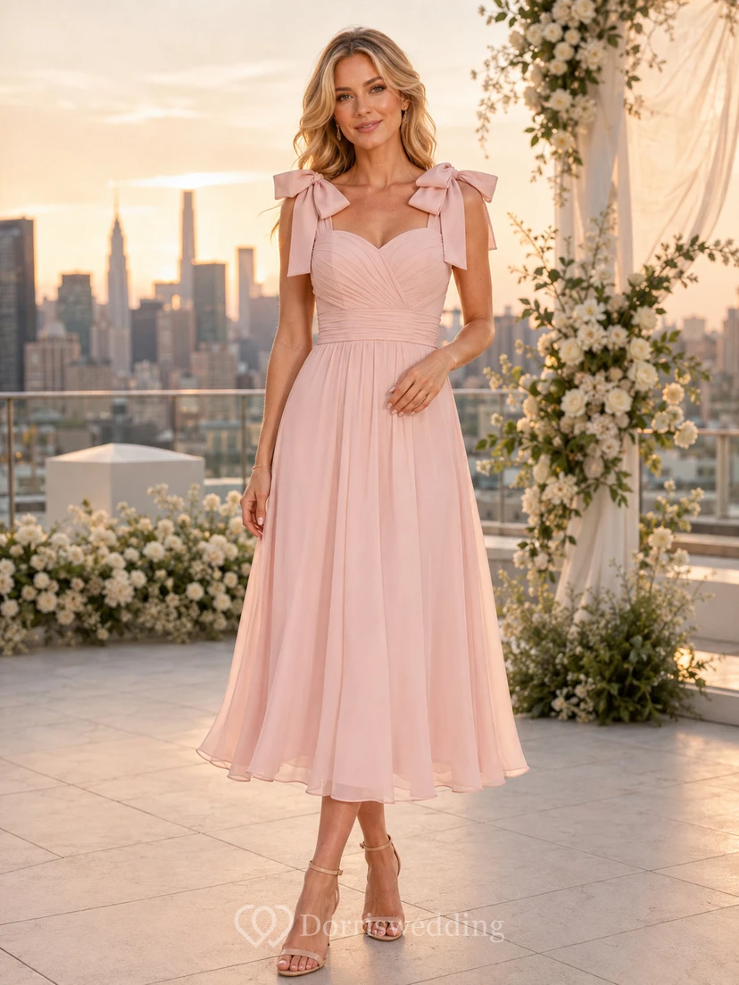 Blush Sweetheart Bow Strap Chiffon Tea Length Guest Dress