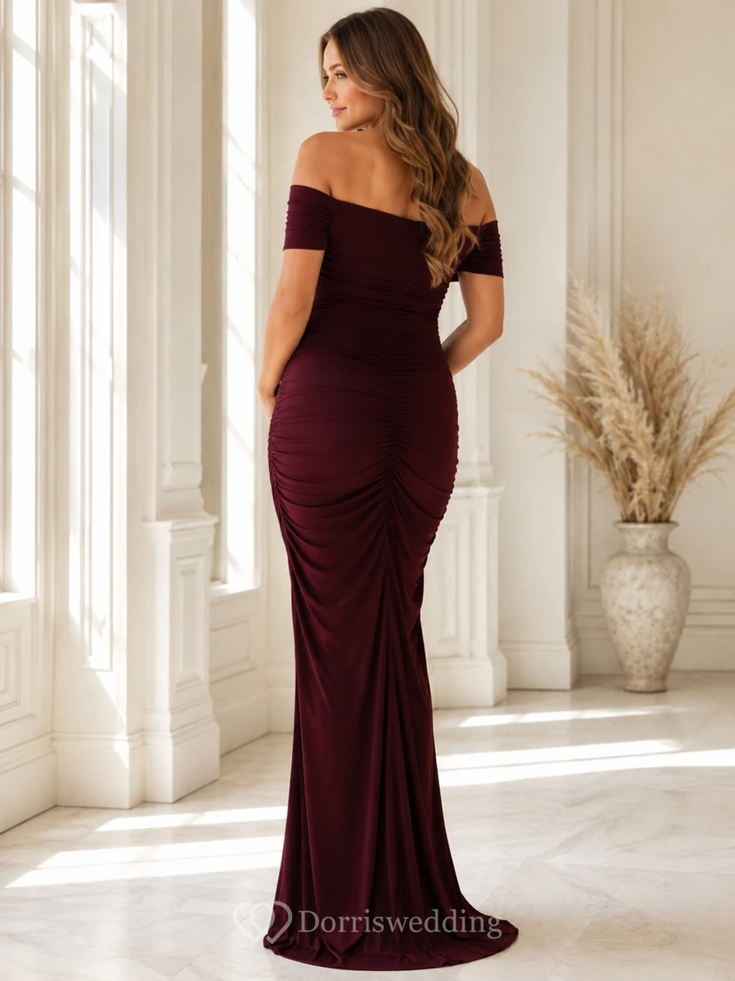 Burgundy Off Shoulder Ruched Maternity Bodycon Jersey Floor Length Luxury Evening Gown view 2