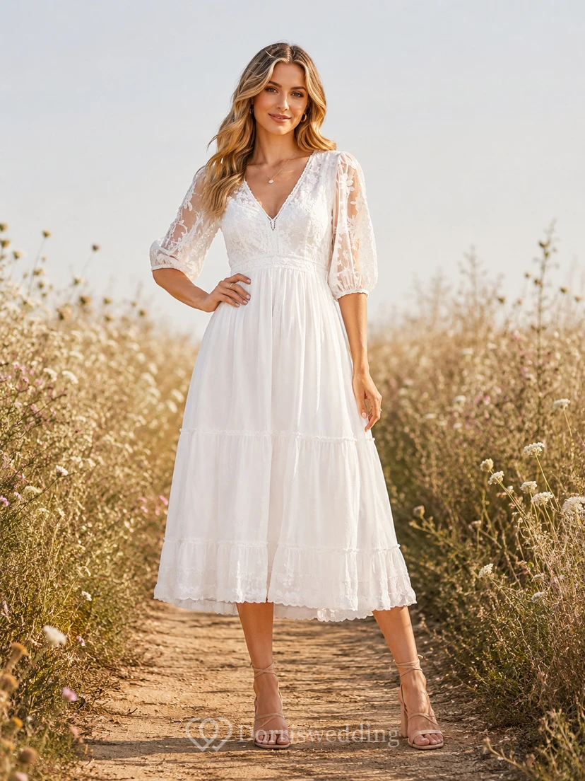 White V-Neck Bell Sleeve Lace Chiffon Bohemian Tea Dress Country