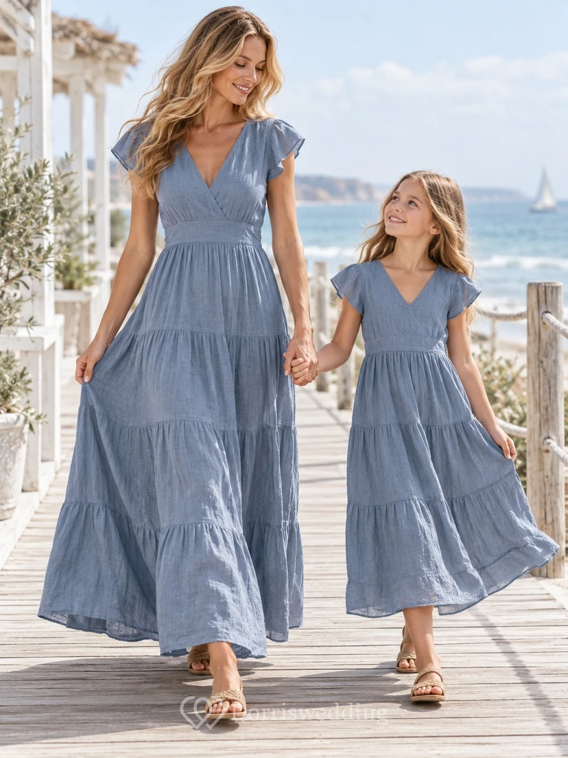 Robe assortie pour toute la famille, bleu acier, col en V, manches papillon et volants