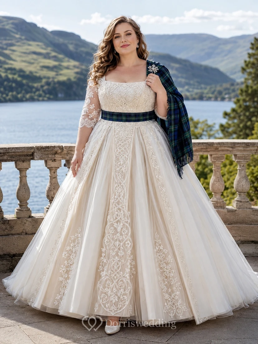 Brautkleid in Übergröße: Schottisches Tartan-Schalkleid mit halben Ärmeln, eckigem Ausschnitt und Spitze