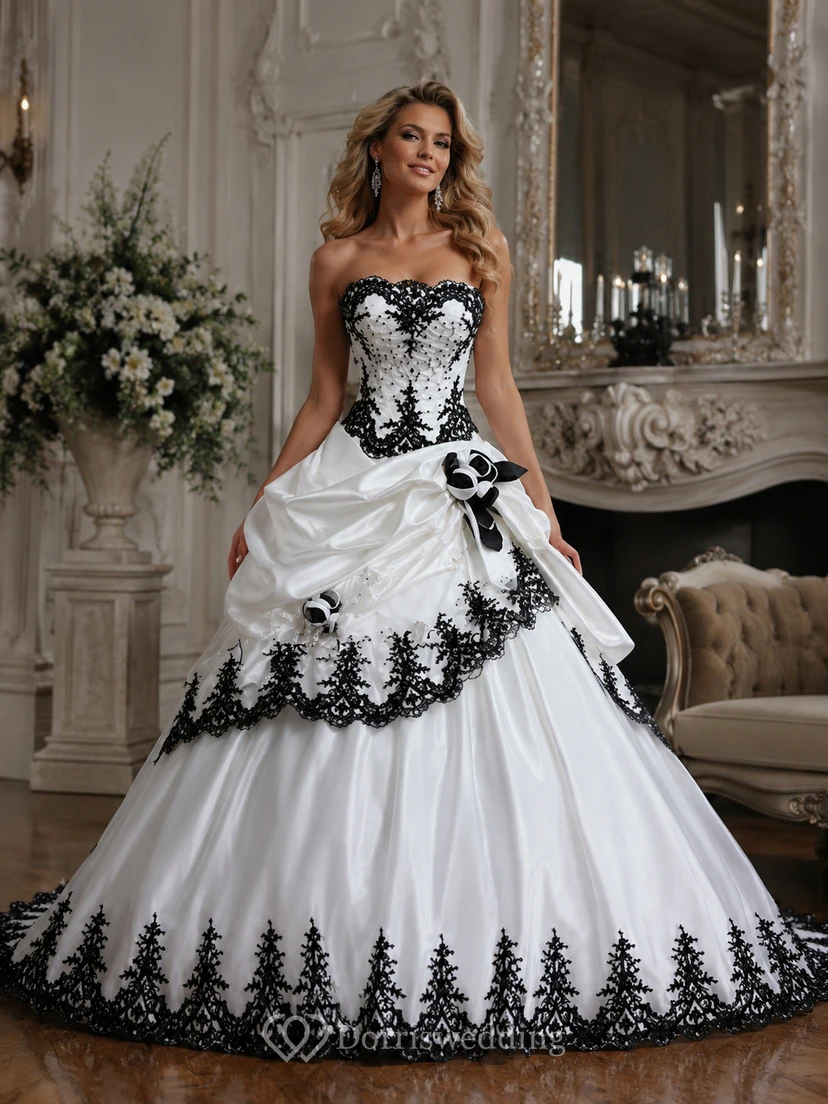 Ball Gown Taffeta Strapless Sleeveless Court Train Princess Wedding Dress with Beading Cascading Ruffles and Tiers view 2