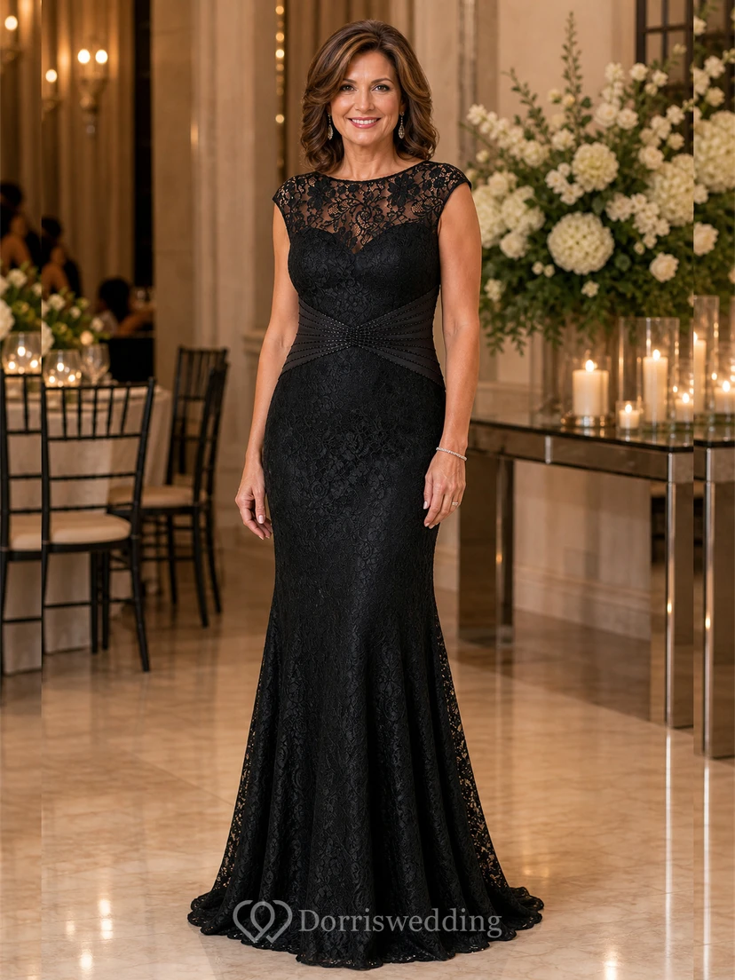 Cap-Sleeved Long Lace Mother Of The Bride Dress With Beadings And V-Back view 7