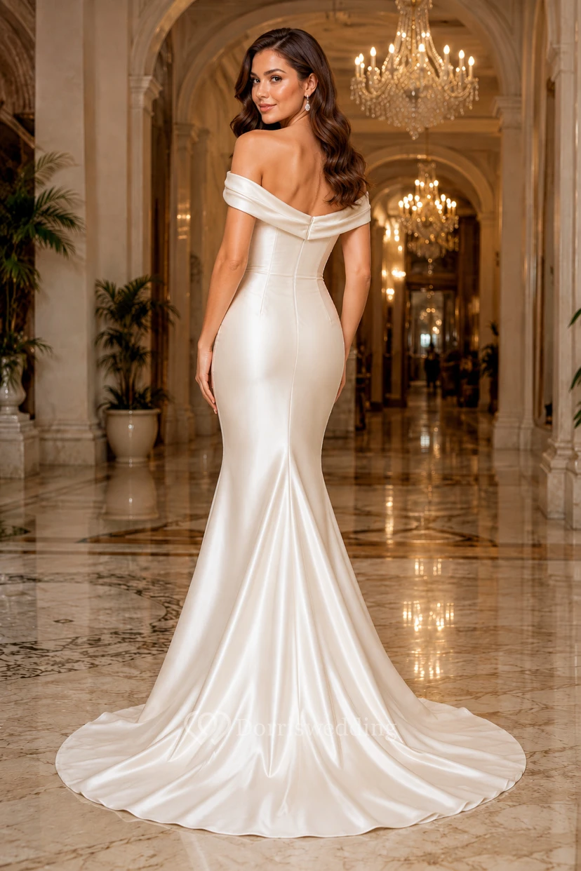 Robe de mariée sirène en satin à épaules dénudées et décolleté en cœur view 2