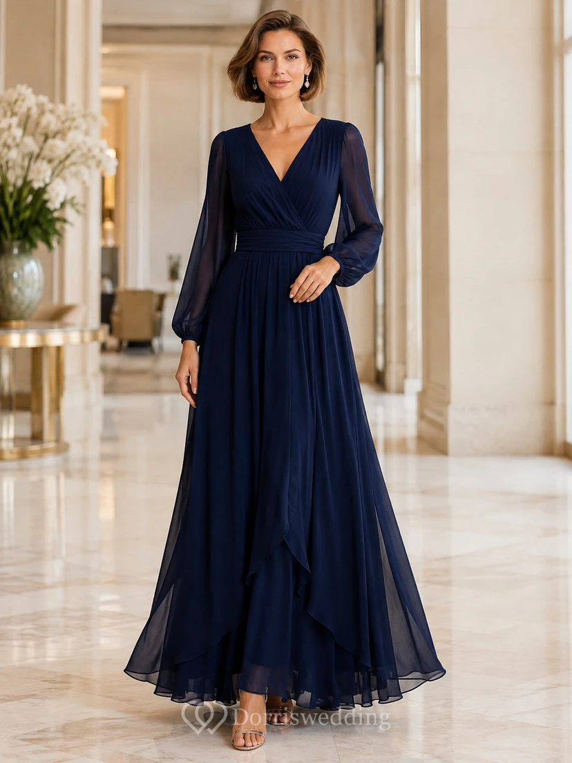 Dark Navy V-Neck Illusion Long Sleeve Chiffon Pleated Formal Mother Gown