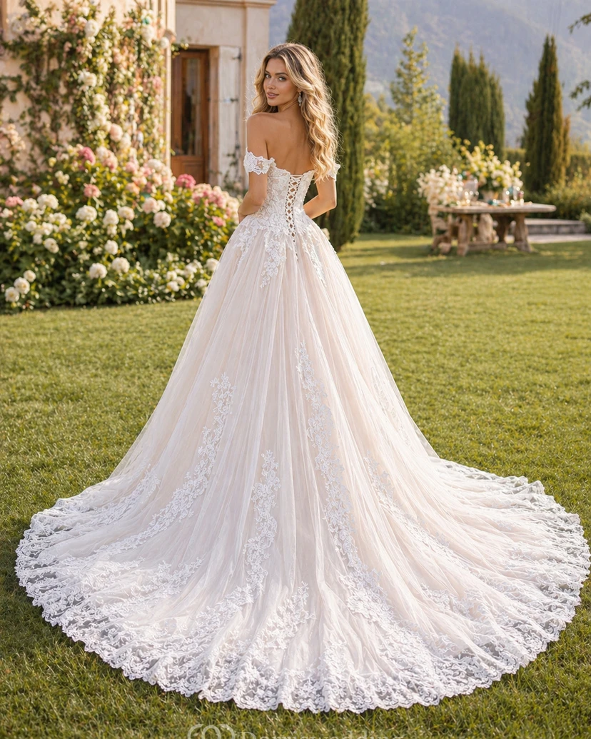 Off-the-shoulder A-line Floor-length Chapel Train Sleeveless Lace Tulle Princess Wedding Dress with Lace-up Back view 2