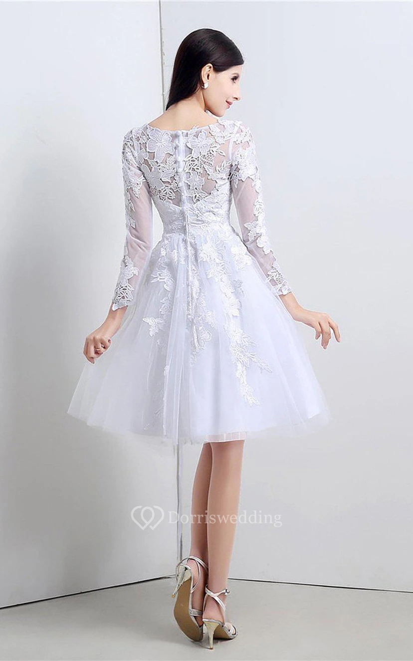 Noble Knee-length Lace and Tulle Dress With Long Sleeves view 2