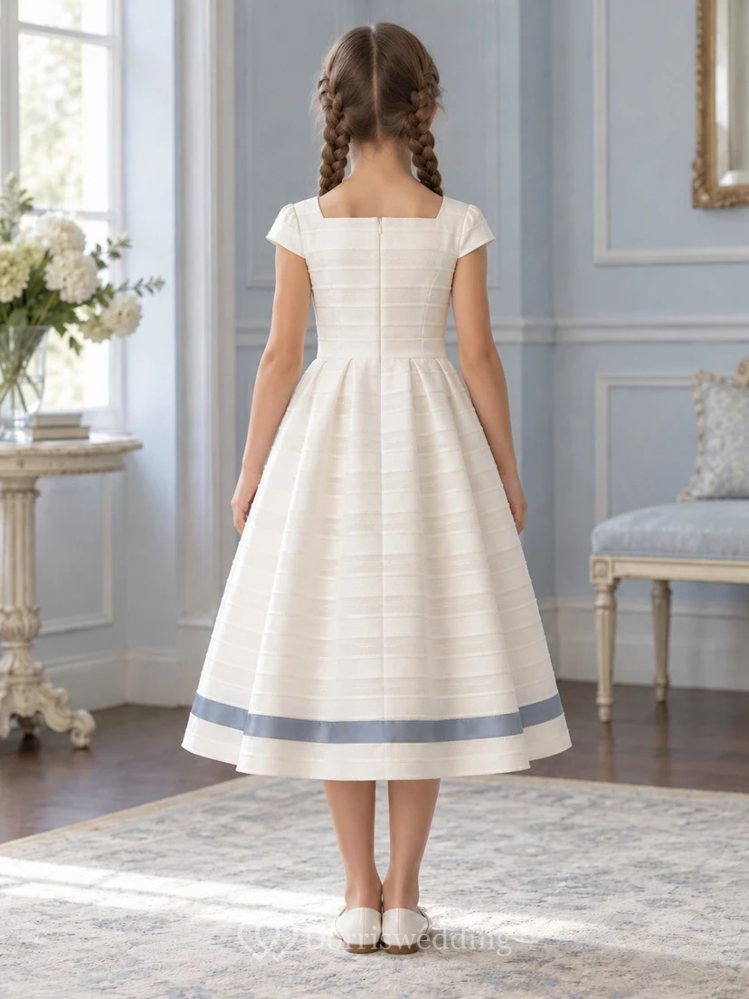 Square Neck Tea-length Ivory Textured Stripe Cap Sleeve Pleated Blue-Banded A-Line Flowergirl Dress view 2