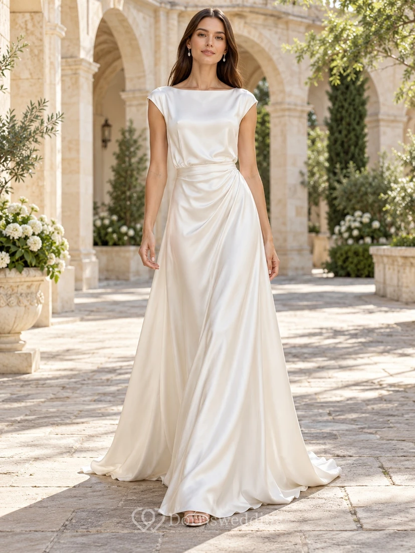 Simple Bateau Cap Sleeve Draped Satin A-line Bridal Wedding Dress