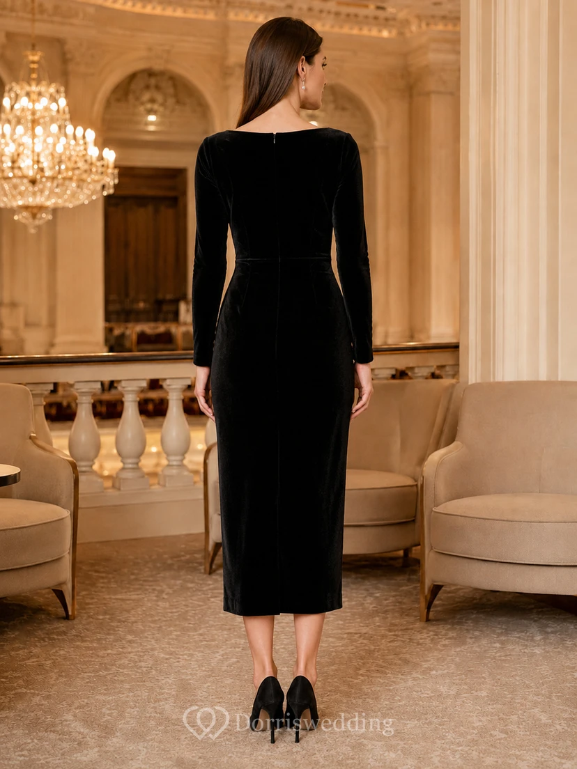 Black Long Sleeve Bateau Velvet Sheath Orchestra Midi Dress view 2