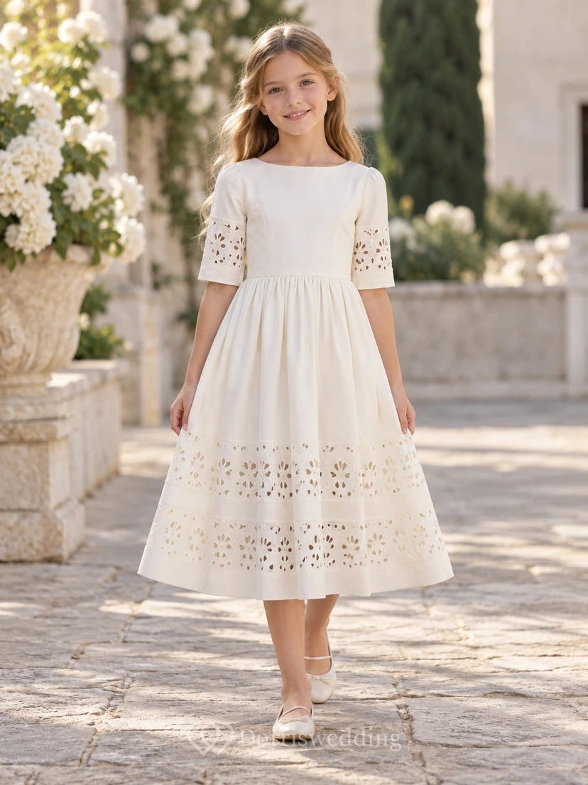 Modest Vintage Tea-length Ivory Bateau Cutwork Sleeve Cotton Flower Girl Dress