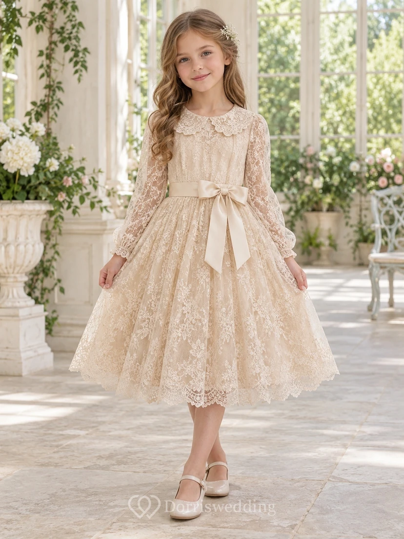 Tea-length Long-Sleeve Vintage Champagne A-line Lace Collared Bow-waist Flower Girl Dress