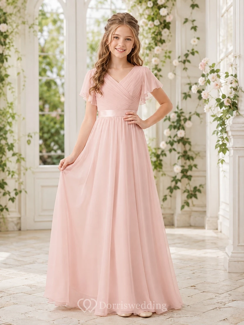 Zartrosa Brautjungfernkleid für junge Damen, A-Linie, V-Ausschnitt, kurze Ärmel, plissiert