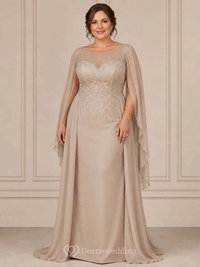 Taupe Illusion Cape Mother Gown Taupe Bateau Jewel Sheath Floor-length