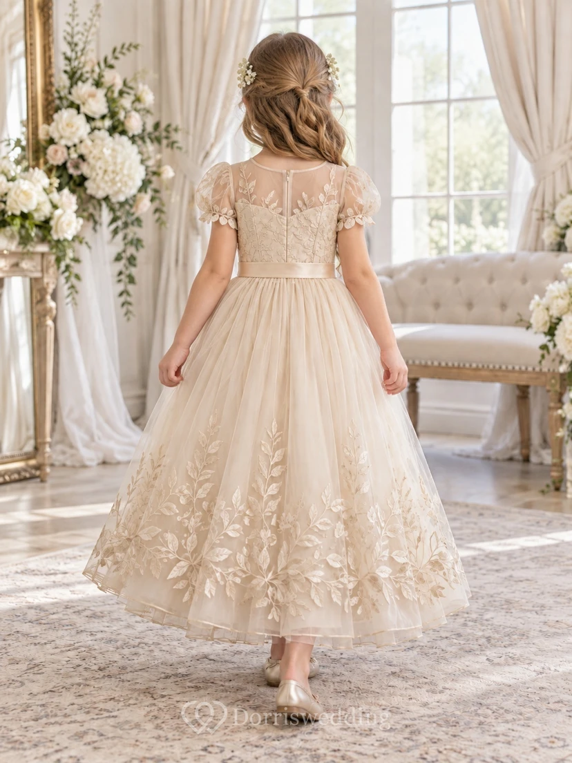 Champagne Floral A-line Tulle Puff-sleeve Ankle-length Illusion-Neck Bordered Flower Girl Dress view 2