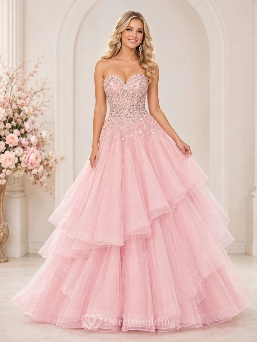 Prinzessinnen-Trägerloses Ballkleid mit Herzausschnitt, aus Tüll und Lagen