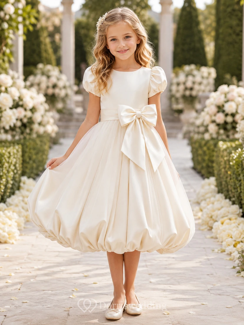 Vestido de niña de flores de satén color marfil con bajo abullonado, corte en A, manga corta, cuello redondo, largo hasta la rodilla, ideal para ceremonias en el jardín.