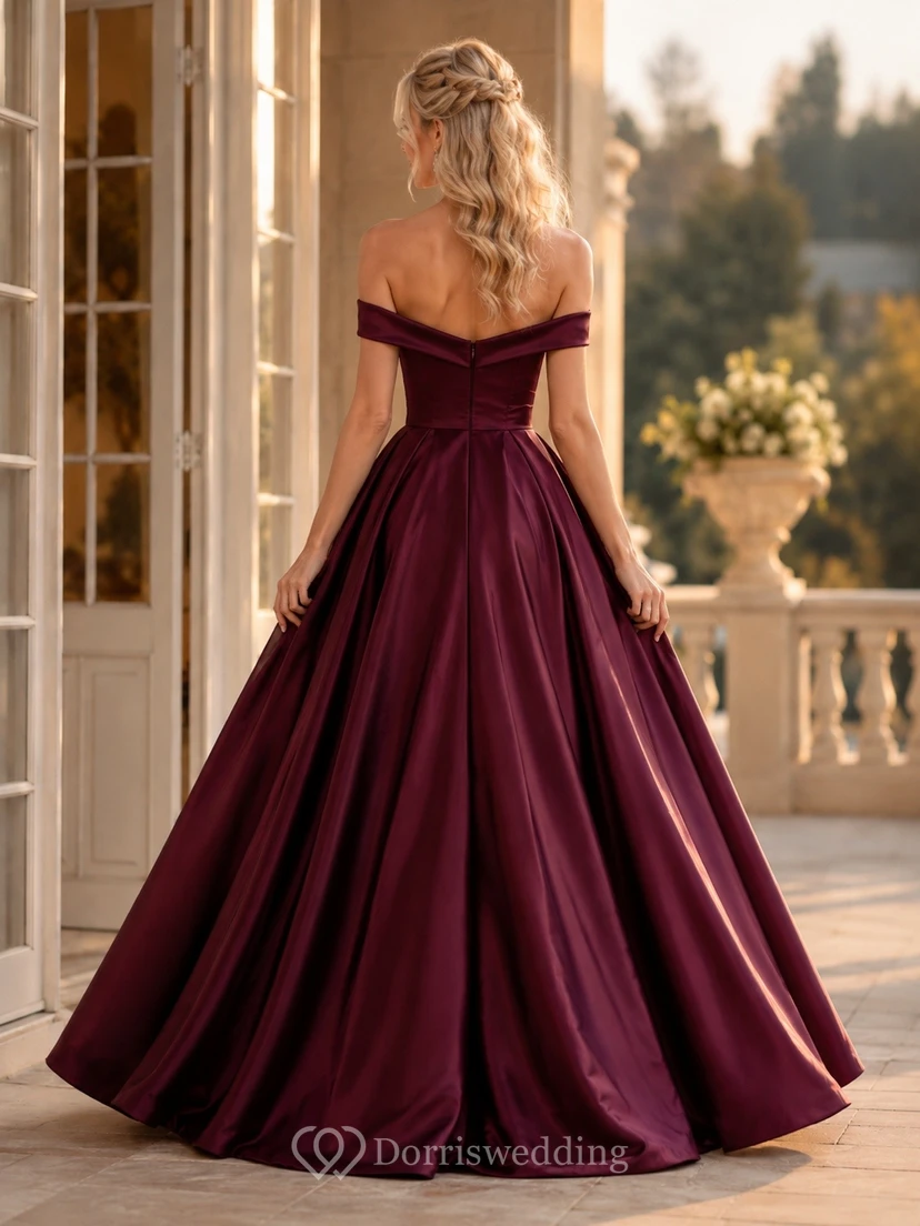 Burgundy Prom Satin Off-Shoulder Ball Gown Formal Evening Dress view 2