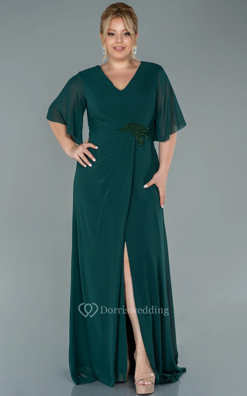 Elegant Half-sleeve V-neck Empire Chiffon Slit Front Draped Plus Size Mother of Bride Dress view 7