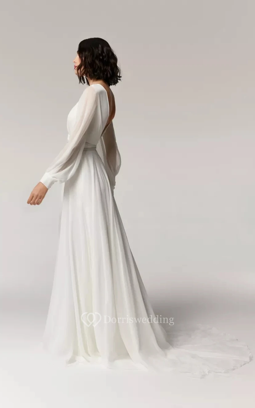 Flowy Chiffon Long Sleeve Empire Sheath Wedding Dress with Low-v Back view 4