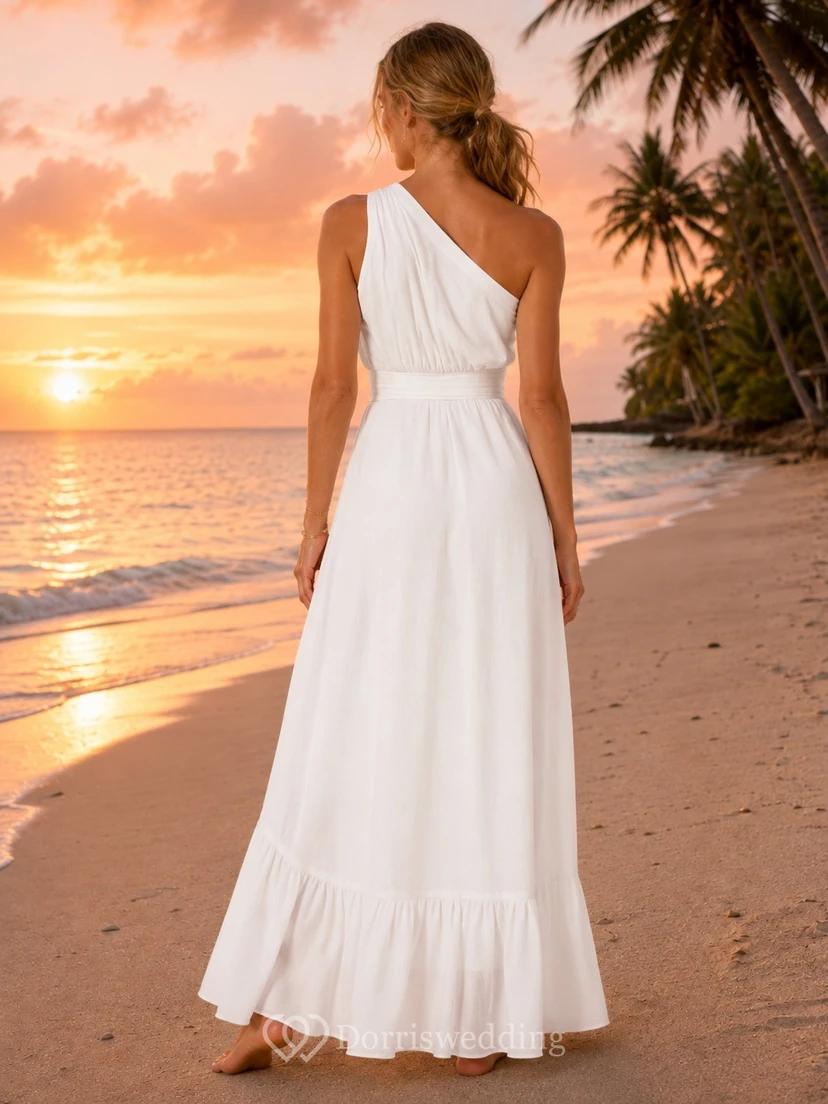 High-low Simple Beach One-shoulder Summer A-line Ruffled Dress view 2
