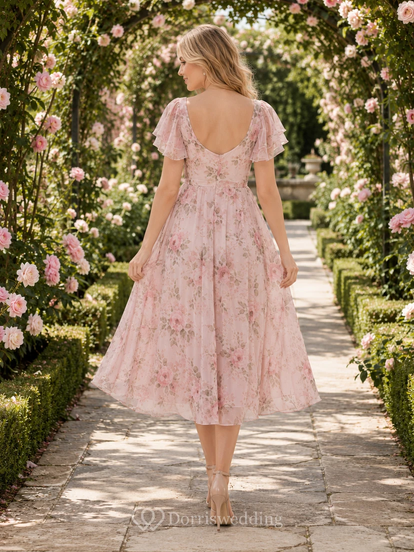 Blush Floral Garden Wedding Guest Dress A-Line Chiffon V-Neck Short Sleeve Tea-Length Floral Print view 2