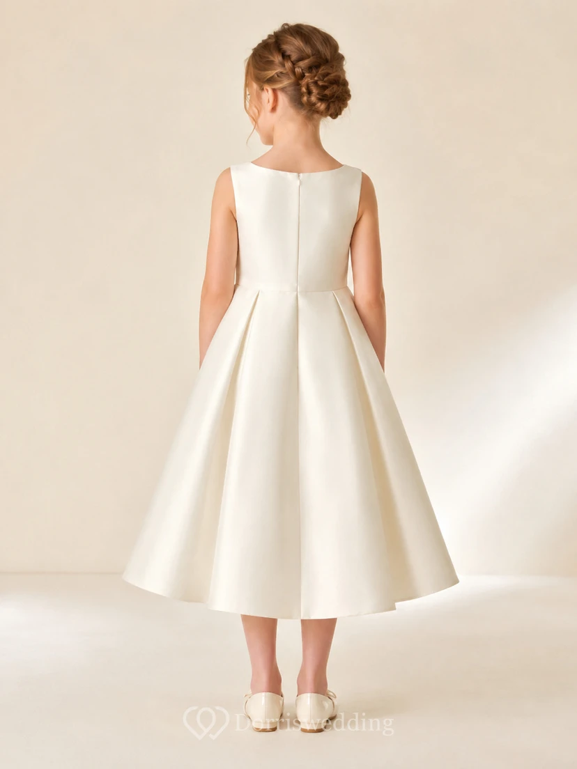 Robe de demoiselle d'honneur ivoire élégante et moderne, coupe trapèze, sans manches, col rond et jupe mi-longue, ornée d'un nœud dans le dos. view 2