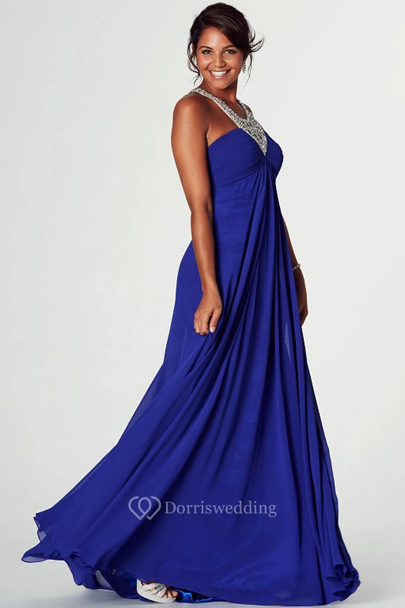 Floor-Length Beaded V-Neck Empire Sleeveless Chiffon Prom Dress