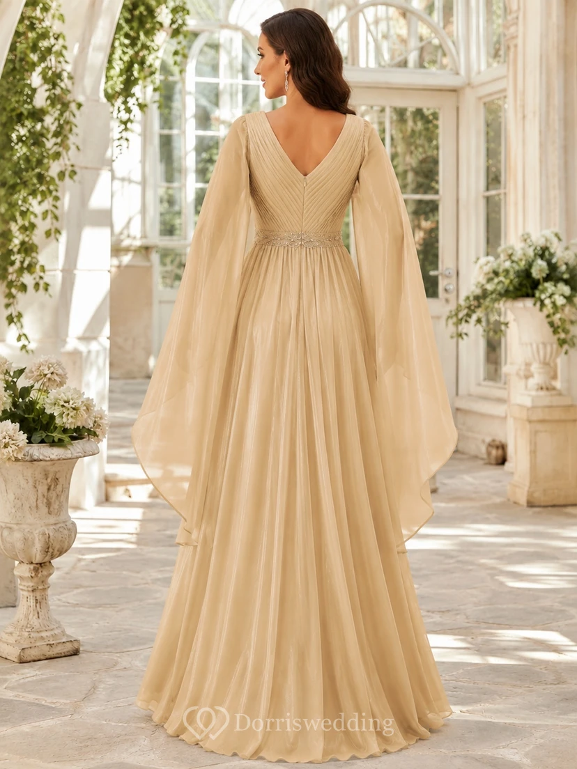 Champagne V-Neck Cape Sleeve Pleated Chiffon A-Line Floor-Length Formal Dress view 2